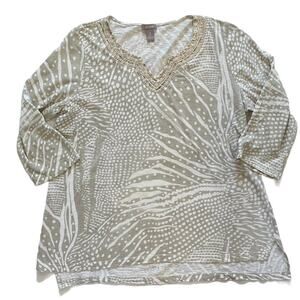 Chico's Neutral Abstract Floral Print V-Neck Top, Embroidery Sequins Beading L